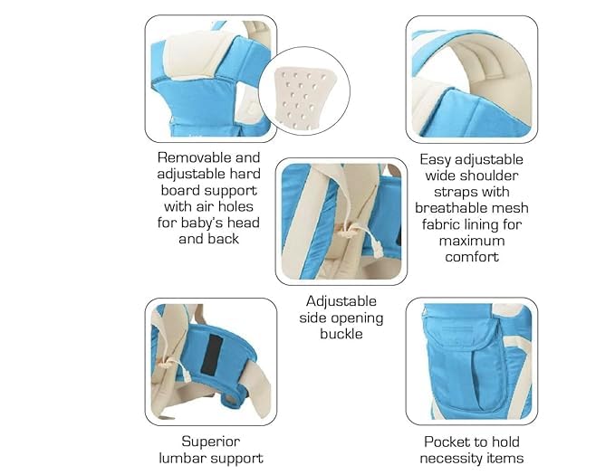 Image of BabyGo Kid Seat Baby Hip Carrier 4-in-1 Adjustable Baby Carrier Cum Kangaroo Bag|Front, Back|for 6 to 24 Months Baby|Newborn to Toddler Carrier|Safety Belt & Buckle Straps|Up to 15 Kgs (Sky Blue)