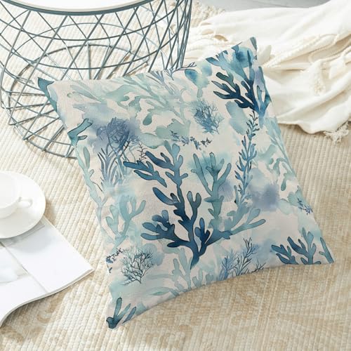 Sorktse Coastal Blue Teal Coral Pillow Covers 18x18 Inch Nautical Beach Coral Blue Teal Pillow Covers Set of 2 Spring Summer Ocean Pillow Cases Outdoor Decor for Sofa Bedroom Linen Cushion — view 5