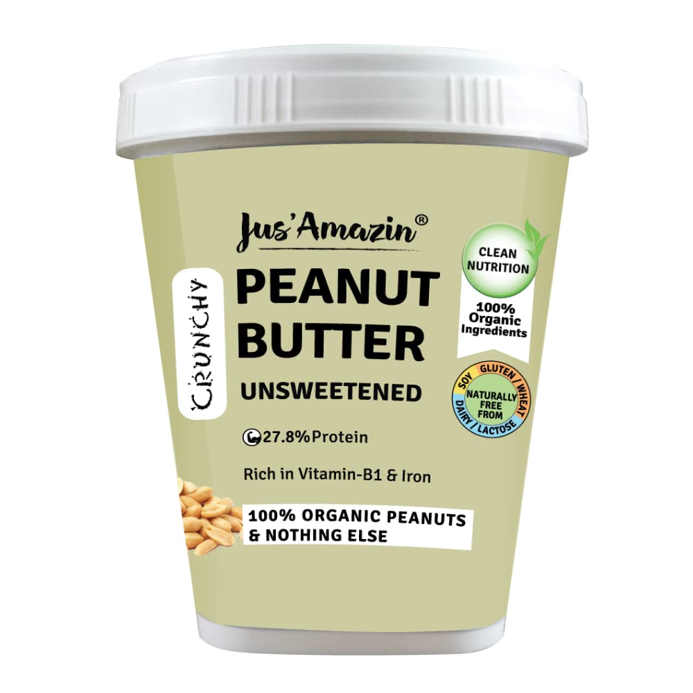 Jus' Amazin Crunchy Peanut Butter - Unsweetened | 27.8% Protein | Single Ingredient - 100% Peanuts (no added Sugar/Salt) | Dairy Free | Keto (Organic Peanut Butter Crunchy, 1 kg (Pack of 1))