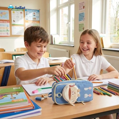 Image of FunBlast Pencil Pouch for Kids, Girls - Large Capacity Multipurpose Stationery Zipper Pouch with Coin Pouch for Kids & Adults, Kawaii Aesthetic Pencil Case Organizer, Cute School Supply Bag (Blue)