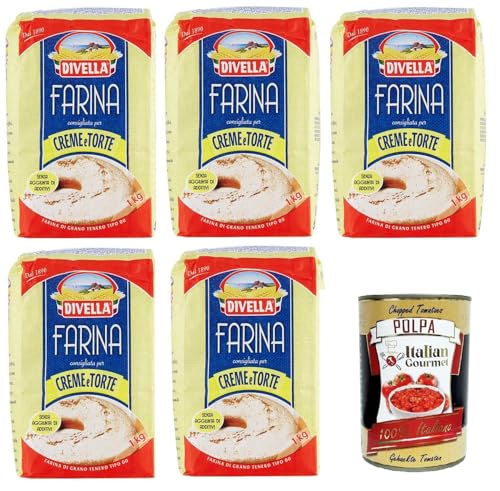 Divella Farina 00 Consigliata per Creme e Pastel Harina 00 Recomendado para Cremas y Pasteles 5 x 1 kg + Polpa Italiana Gourmet 400 gr