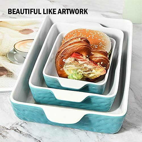 Gonioa 3 Pack Ceramic Bakeware Set,Ceramic Glaze Baking Dish Set,Rectangular Baking Pan for Cooking, Kitchen,Cake Dinner, Banquet and Daily,Wrapping Upgrade(Aquamarine Color)