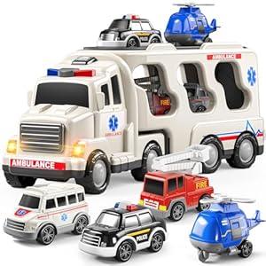 TEMI 5 Pack Emergency Rescue Vehicle Toddler Truck Toys for 3 4 5 6 Year Old Boys, Friction Power Cars with Rescue Helicopter, Police Car, Fire Truck, Ambulance Car, Birthday Gifts for Girls Age 3-9