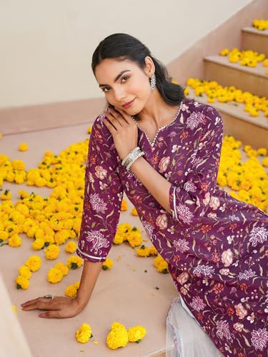 Image of Vaamsi Women's Printed Floral Kurta Trousers With Dupatta (VKSKD1712 L Purple)
