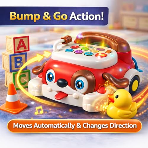 Image of Brand Conquer Educational Dog Telephone Toy for Kids | Interactive Learning Toy with Lights, Music & Bump & Go Action | Number Learning Toy with Sound & Movement | Baby & Toddler Toy (Red)