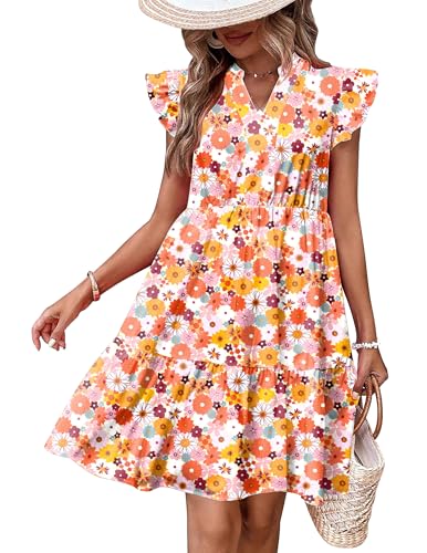 Image of HOTOUCH Women Printed Dress for Summer Short Ruffle Sleeve Dress Tiered Mini Dress with Pockets