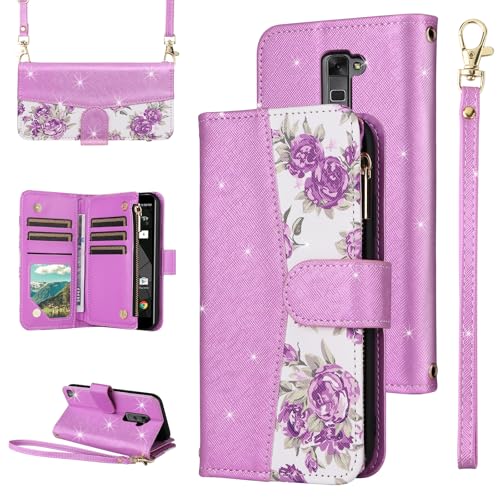 Furiet for LG Stylo 2 2+/Stylus 2 Plus/Stylo2 V 2V Verizon Floral Wallet Case with Flip Zipper Purse Wrist Strap Shoulder Strap Luxury Glitter Card Holder Stand Phone Cover for G LS775 VS835 Purple