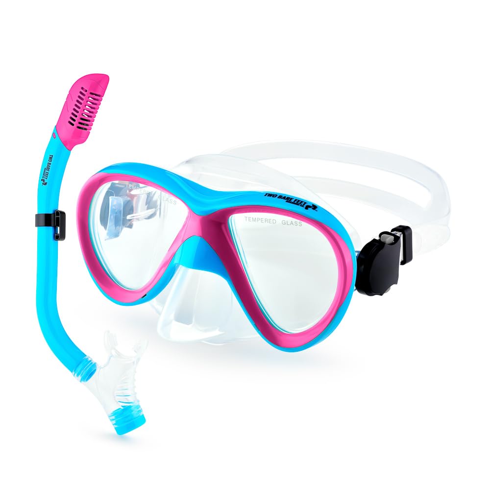 Two Bare Feet Kids Dry Top Snorkelling Set – Junior Silicone Mask & Snorkel, Anti-Fog Diving Mask for Children, Adjustable Swimming & Snorkelling Gear (Raspberry/Pearl Blue)