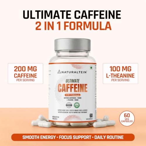 Image of NATURALTEIN Ultimate Caffeine with L-Theanine | 100mg Caffeine + 100mg L-Theanine | Energy, Focus & Alertness Support | 2-in-1 Formula | 60 Veg Capsules