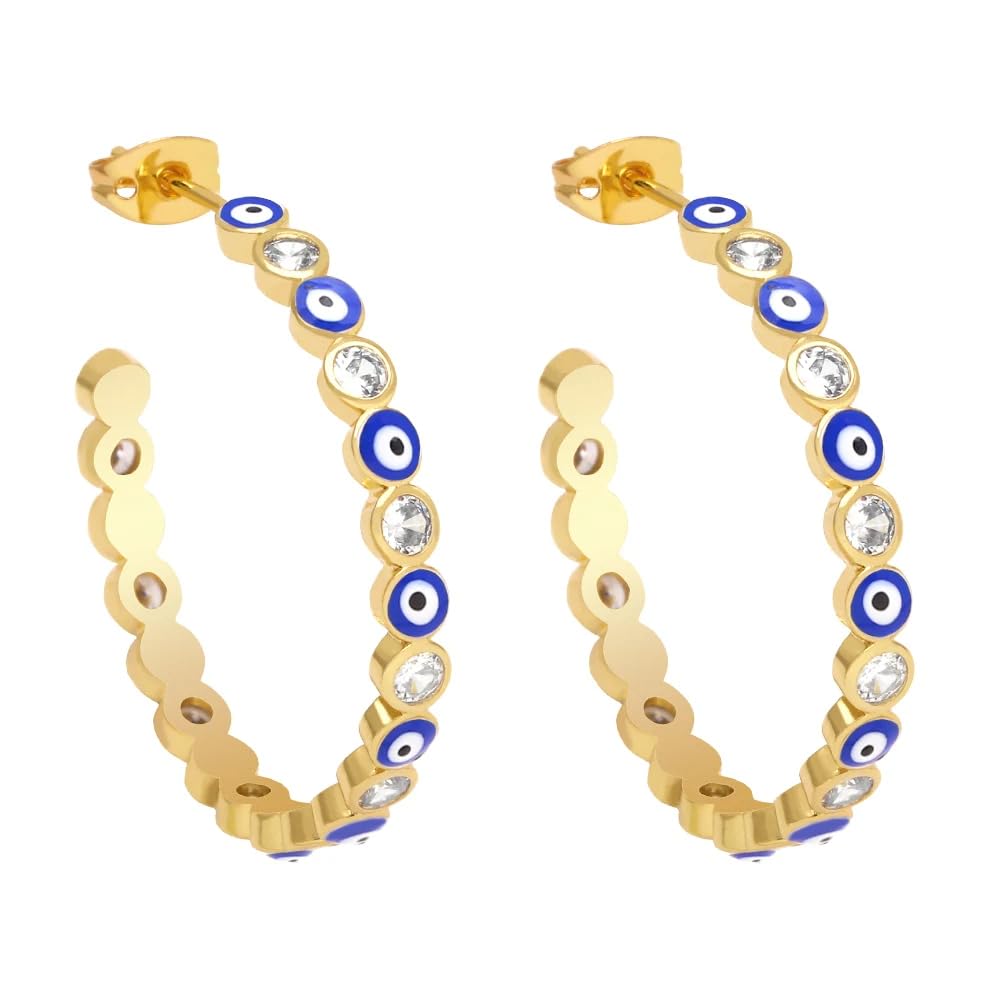 GenericTurkish Blue Evil Eye Zircon Gold-Plated Hoop Enamel Earrings for Women-Ray Online
