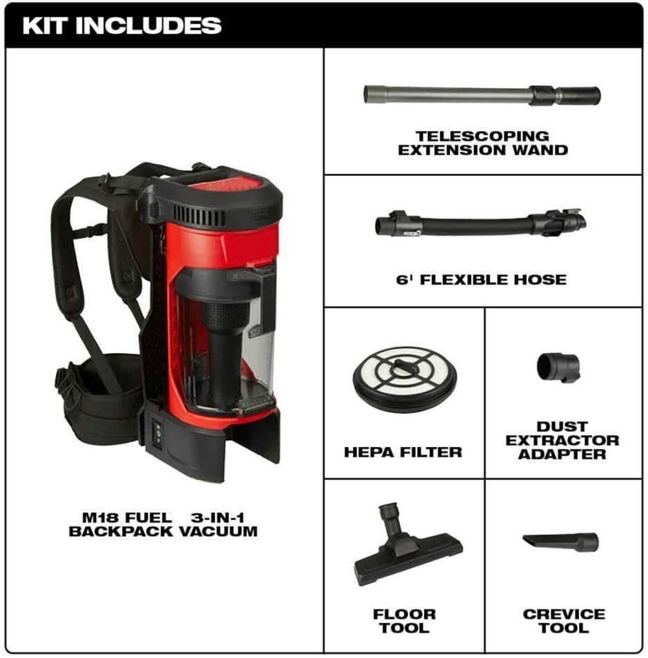 VQDHTUZP Fits Milwaukee M18 Fuel 0885-20 18V Cordless 3-in-1 Backpack Vacuum – Wet/Dry Portable Shop Vacuum with HEPA Filtration, Adjustable Hose
