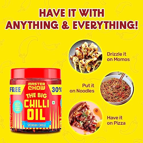 Image of MasterChow Chilli Oil Spicy Sichuan Chilli Oil (450gms) - 30% Extra | Made with Sichuan Peppercorns, Crunchy Garlic & Red Chillies