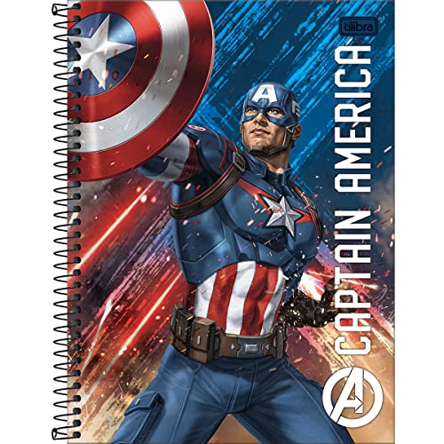 Caderno Espiral Capa Dura Universitário 10 Matérias Avengers 160 Folhas - Capitão America Fundo Azul e Vermelho - Tilibra 1 51vhEtnjyLL