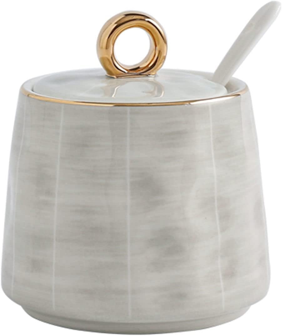 TBLOTYD Sugar Bowl with Lid and Spoon 300ml Ceramic Sugar Storage Jar Table Decoration Simple Porcelain Sugar Pot