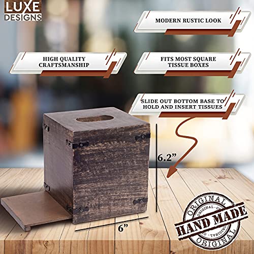 Luxe Designs Rustic Wood Tissue Box Cover with Slide-Out Bottom Panel - Decorative Mango Wood Tissue Box Holder for Bathroom, Car, or Office Desk - 5.7 x 5.7 x 6.5 Inches, Dark Burnt (Set of 2)