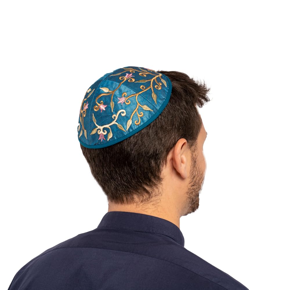 Yair Emanuel Unisex Multicolor Blue Embroidered Flower Design Kippah