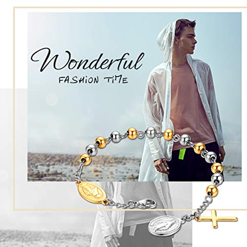 Flongo Cross Rosary Beads Bracelet, Vintage Stainless Steel Jesus Christ Crucifix Cross Bracelet For Men Women Christmas Wedding #TOP5