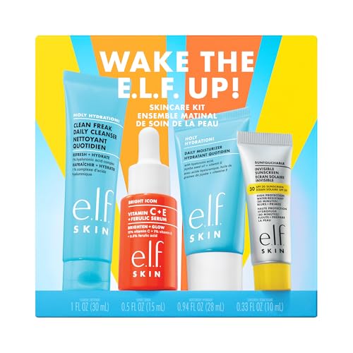 e.l.f. SKIN Wake the e.l.f. Up Skincare Kit Feuchtigkeitsspendender Gesichtsreiniger in Reisegröße Sonnenschutz Feuchtigkeitscreme und aufhellendes Serum Vegan und tierversuchsfrei
