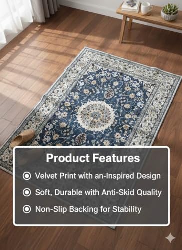 Image of CASA-NEST Premium Velvet Print 4x6 Feet Carpet, Soft Touch Anti-Skid Backing, Traditional Persian Style Area Rug - Midnight Blue Floral