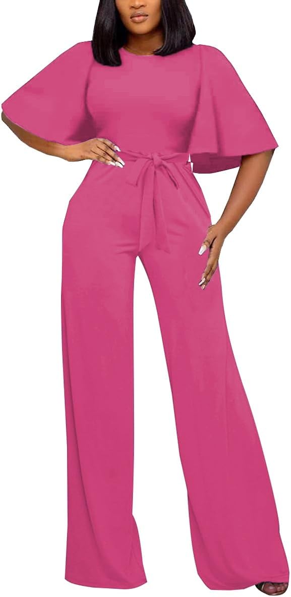 BessCops Womens Loose Short Sleeve Belted Wide Leg Pant Romper Jumpsuit Casual Business One Piece Outfits
