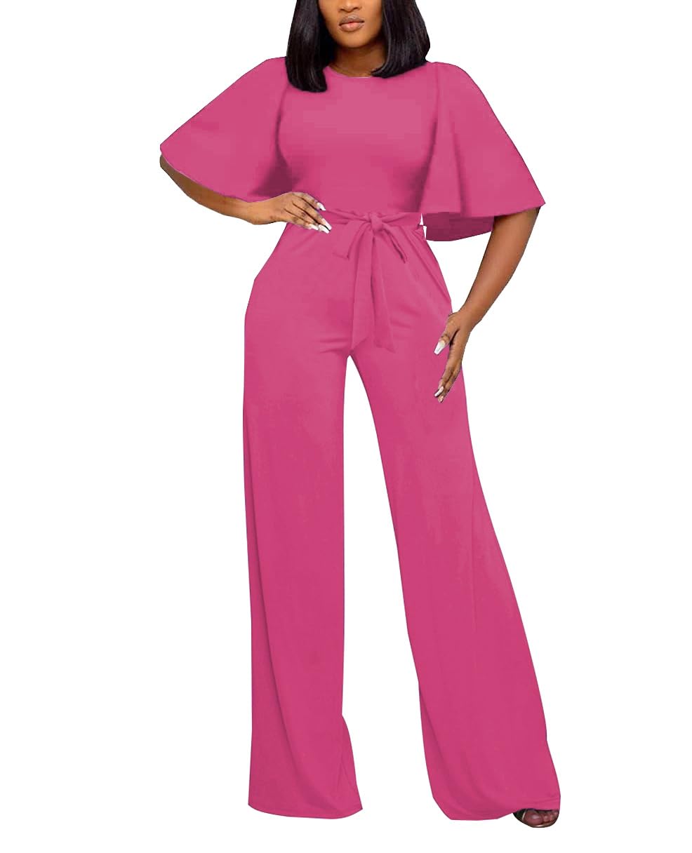 BessCops Womens Loose Short Sleeve Belted Wide Leg Pant Romper Jumpsuit