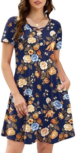 KORSIS Women's Midi Dresses Summer Casual T-Shirt Short Sleeve Criss Cross V Neck Swing Soft Loose Beach Party Vacation midi Dress with Pockets — Yellow Blue Flower