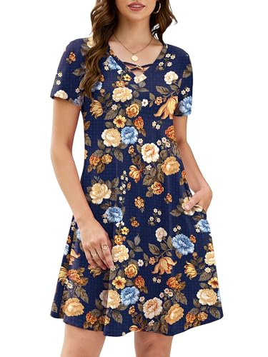 Image of KORSIS Women's Dresses Summer Casual T-Shirt Short Sleeve Criss Cross V Neck Swing Beach Vacation Sundress Dress with Pockets