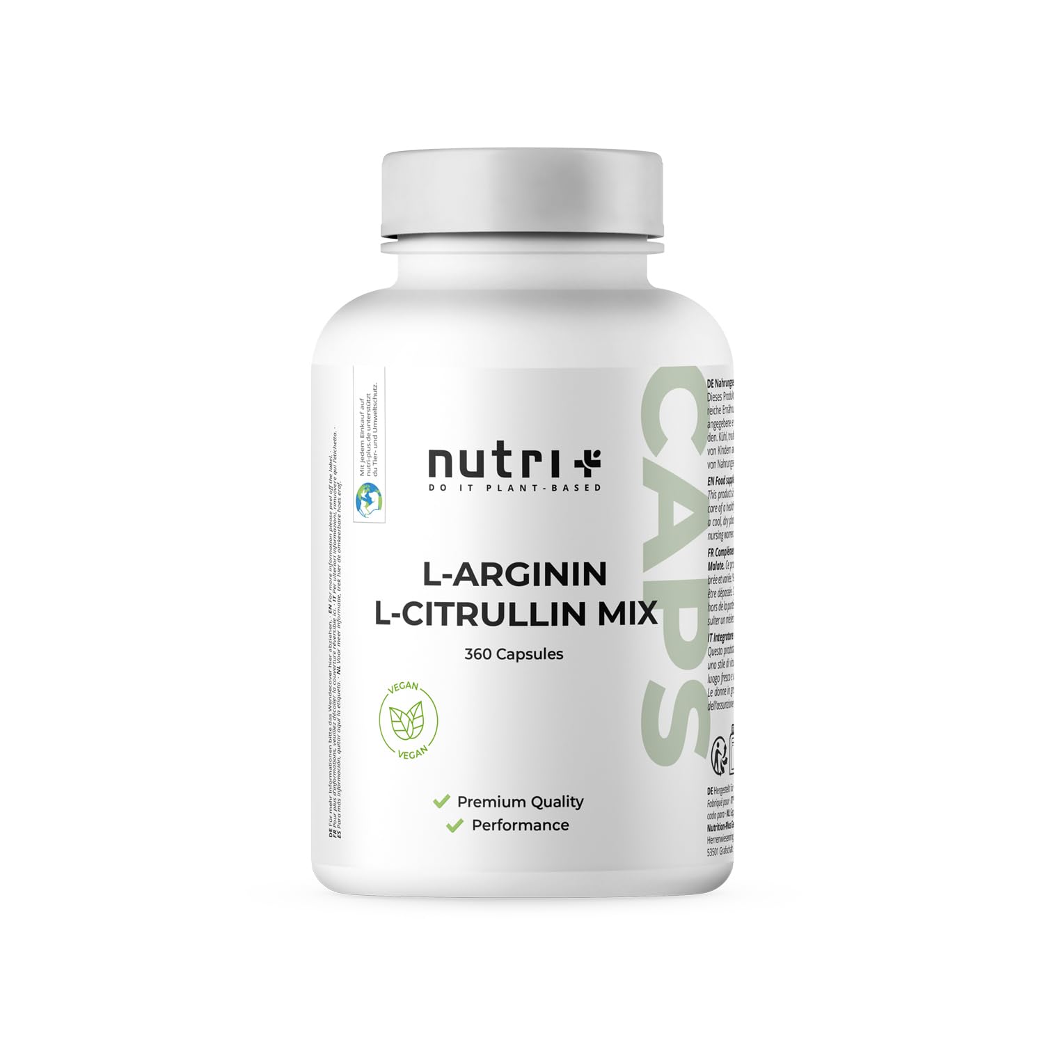 Nutri + Arginin Citrullin Kapseln - 360 Caps hochdosiert + vegan - 3000 mg L-Citrullin Malat + L-Arginin Base - Premiumqualität ohne + Zusätze