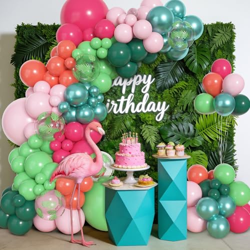 Image of Amandir 153pcs Tropical Balloon Arch Kit Different Sizes | 18 12 10 5 inch Hot Pink Green Orange Palm Leaves Hawaiian Luau Balloons for Summer Aloha Birthday Beach Party Decorations