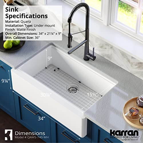 Karran 34" Undermount Large Single Bowl Quartz Farmhouse Workstation Kitchen Sink In White #TOP5