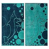 Superior 450GSM Beach Oversized Egyptian Cotton, Beach Towel, 34” x 64” Nautical Navy and Teal , 2 Piece Set