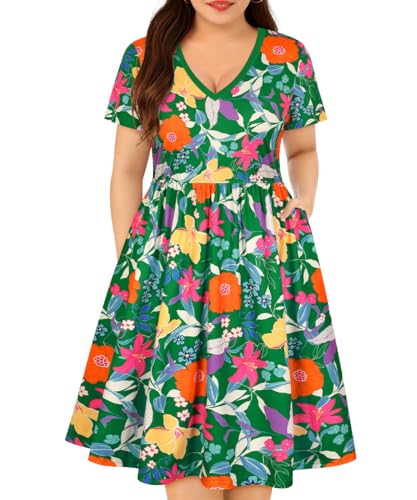 Image of RITERA Plus Size Dresses for Curvy Women Summer Spring Womens Dress V Neck Short Sleeve Casual Dress with Pockets XL-5XL