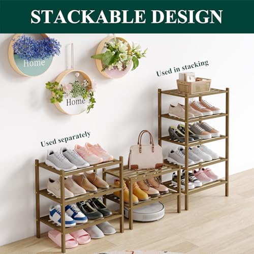 Image of Smiry Bamboo Shoe Rack, 5 Horizontal Slats, 2 Tier - 17.3 inch Wide, Walnut
