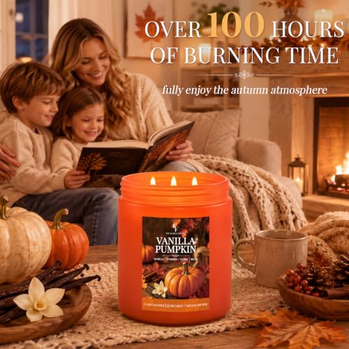 Image of Large Fall Candle Vanilla Pumpkin Scented, 3-Wick 22oz Long Lasting