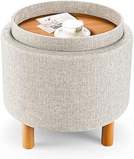 CASART Storage Ottoman, 4-in-1 Round Footstool with Removable Lid, Modern Padded Seat Upholstered Sitting Stool for Living Room Bedroom Hallway (Beige)