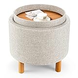 CASART Storage Ottoman, 4-in-1 Round Footstool with Removable Lid, Modern Padded Seat Upholstered Sitting Stool for Living Room Bedroom Hallway (Beige)