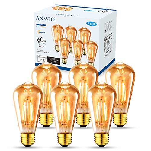 Anwio Vintage Edison Light Bulb St21 Led Filament Bulb 8W(60 Watt Equivalent) Dimmable 2500K (Amber Glow) Warm White E26 Medium Base, Amber Glass Cover,6 Pack #TOP7