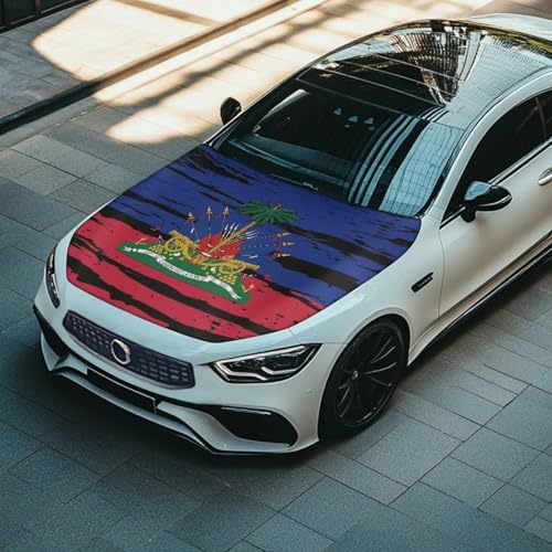Image of Haiti Flag Car Hood Cover Polyester Elastic Fabrics Can be Washed Suitable for Large SUV and Pickup Trucks