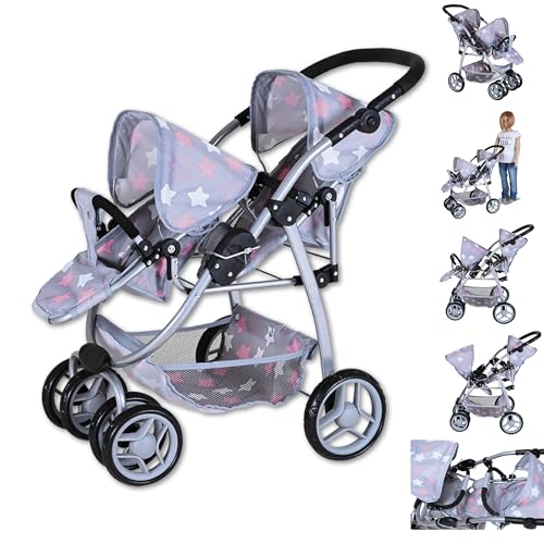Knorrtoys 16444 - Cochecito Doble para muñecas Milo - Star Grey Pink
