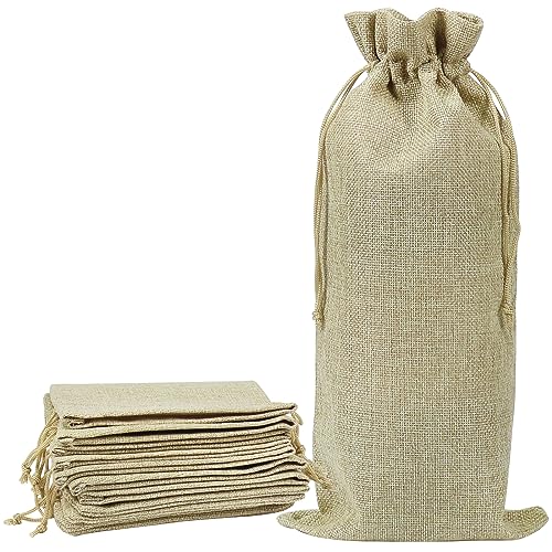 Shintop 10pcs Jute Wine Bags 14 x 6 1/4 inches Hessian Wine Bottle Gift Bags with Drawstring (Brown)