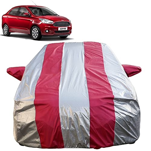 Image of Autofact Waterproof Car Body Cover Compatible with Ford Figo Aspire (2015 to 2022) with Mirror Pockets (Pink Stripes with Shinning Silver Fabric /Waterproof Cover)