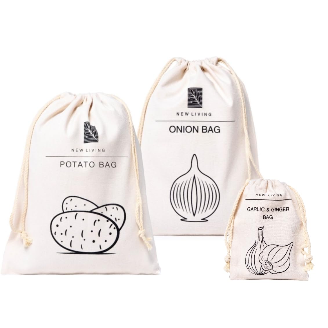 Potato, Garlic & Onion 3 Pack Bundle | Linen Cotton Blend Material | Reusable Food Storage Bags | 30 * 40 cm