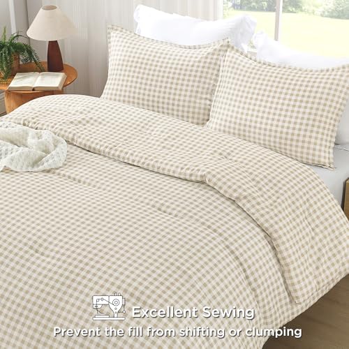 Image of Andency Beige Gingham Comforter Set Full(79x90Inch), Cream Checkered Grid Plaid Buffalo Bed Set for Girls Boys Kids Teens, 3 Pieces Lightweight Polyester Geometric Preppy Bedding