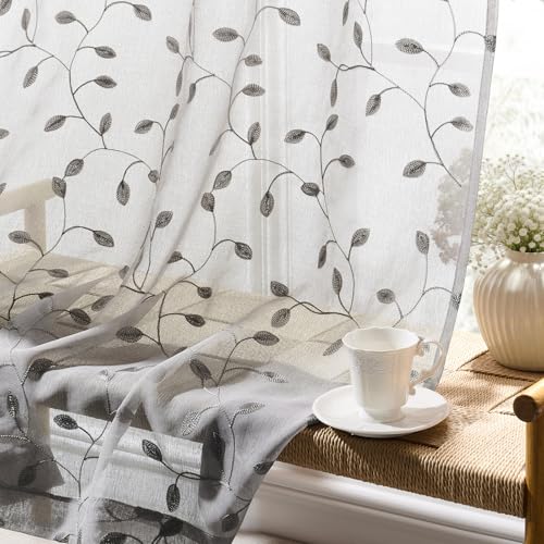 SEEKRIGHT 72 Inch Grey Modern Sheer Curtains Rod Pocket Leaf Embroidery Sheer Curtains Light Filtering Drapes for Home Office Studio Apartment Fall Winter Cool Tone Slate Steel Graphite, 50x72