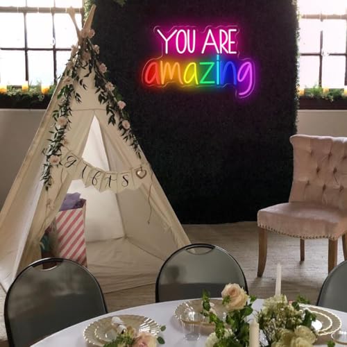 Image of You Are Amazing Neon Sign Dimmable, USB You are Amazing LED Neon Light Sign for Wall Decor, Colorful LED Letter Light Up Sign for Living Room Bedroom Christmas Gift, 16.9 inch X 10.6 inch
