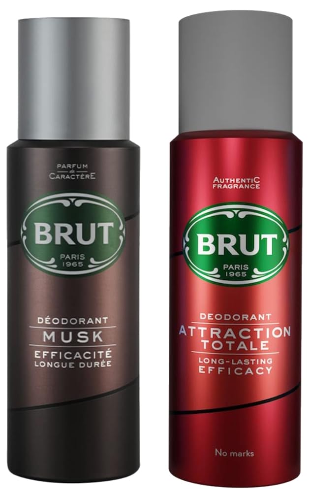 Brut Deodorant Spray for Men, Musk, Authentic, Elegant Musky Fragrance, Long Lasting Deo, 200 ml & Brut Attraction Totale Deodorant for Men, 200ml - Spices