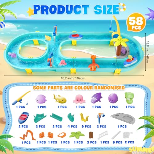 LTFIOON Wasserspielzeug mit Wasserbahn, 58 Teile Wasserbahn Kinder Draußen - Wassertisch Kinder mit Booten, Angel & Tierfiguren für Wasserspaß ab 3 Jahren, Sommer Spielzeug für Garten und Strand