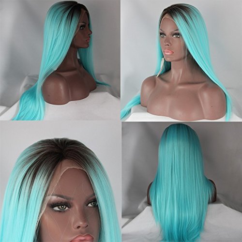 Xiweiya Long Silky Straight Aqua Blue Lace Front Wig with Light Brown Roots Synthetic Light Blue Wig Middle Part Natural Looking Heat Resistant Fiber Hair Cosplay Wig for Women 24inch - Image 4