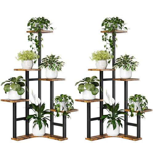 Image of Yzosvki Corner Plant Stand Indoor Set of 2 | 6 Tiered Corner Plant Shelf Flower Stand for Multiple Plants, Plant Shelves Organizer Rack, Rustic Brown