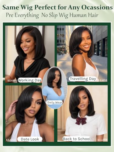 Image of KLAIYI Layered Side Bangs Bob Straight Precut 6x4 Lace Wigs Human Hair 12 inch